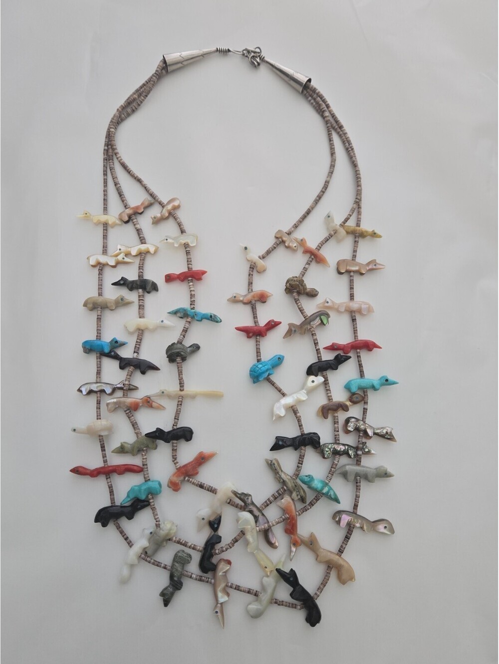 Vintage Zuni 3-Strand Multi-Stone Fetish Necklace - Hand-Carved Animals & Heishi